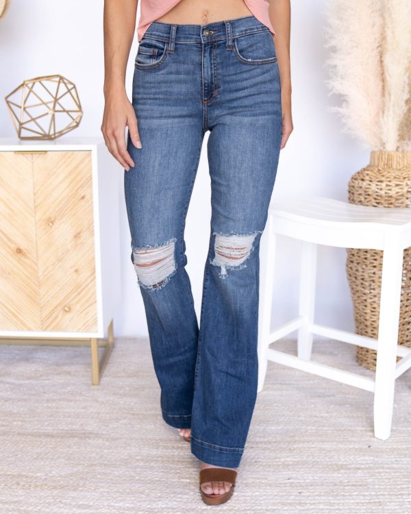 Greeflow High Rise Distressed Flares - Dark Wash