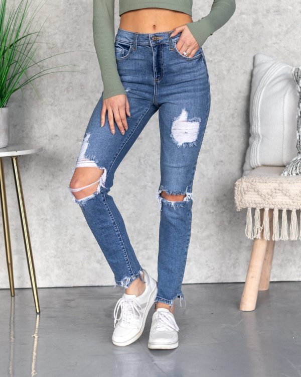 Greeflow High Rise 90's Distressed Skinny Jeans - Medium Wash